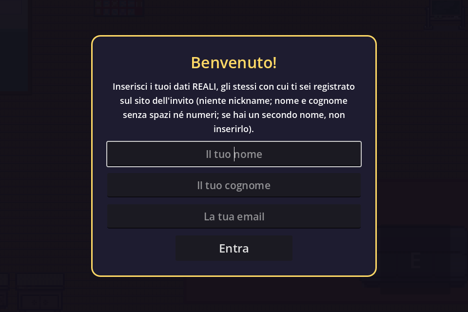 Schermata di ingresso del gioco con i campi nome, cognome ed email