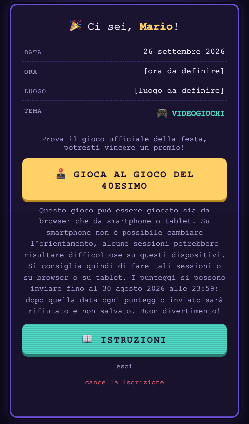 La pagina del sito dopo il login, coi pulsanti per giocare, le istruzioni e cancella iscrizione